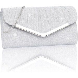 🆕Women's Silver 1 Clutch Purses Sparkling Envelope Evening Bag Detachable Chain